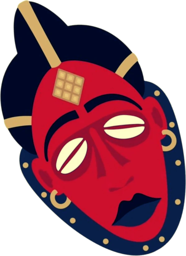 Illustration du masque Mukuji, visage rouge aux yeux en cauris