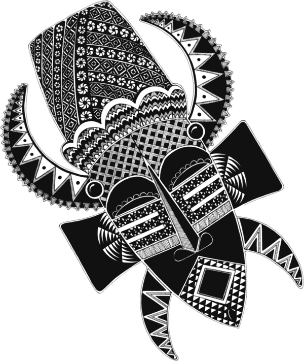 Illustration du masque Kpelie, noir et blanc, orné de cornes